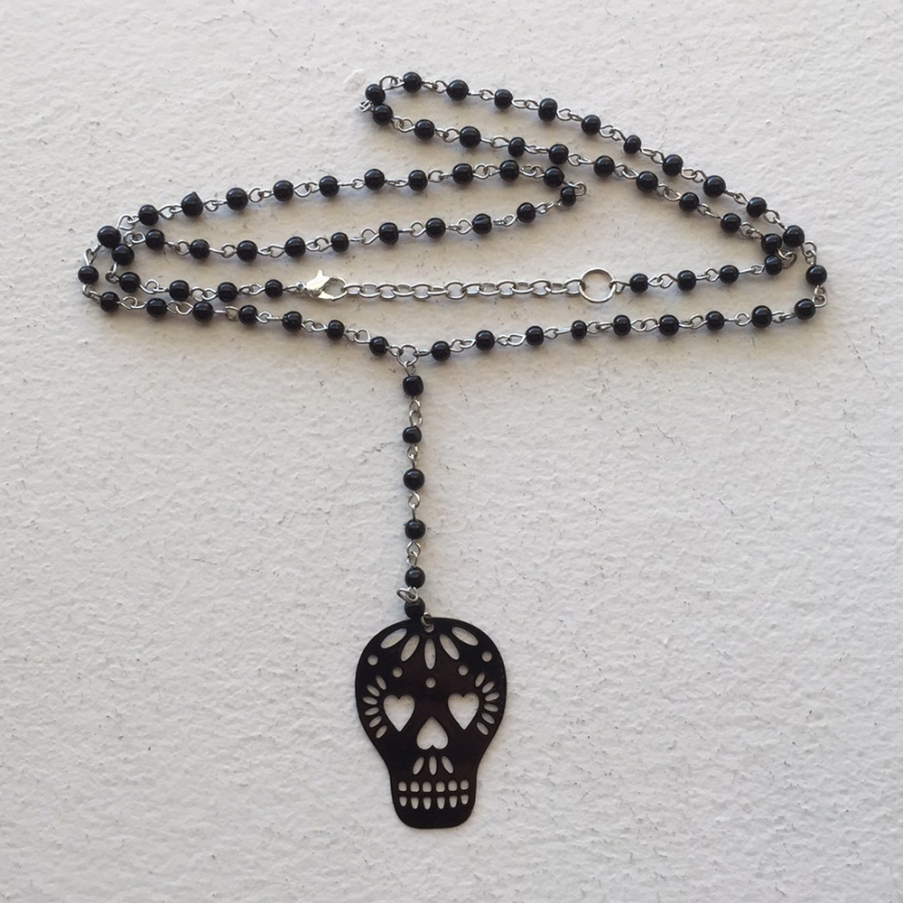 Black Sugar Skull Rosary Necklace
